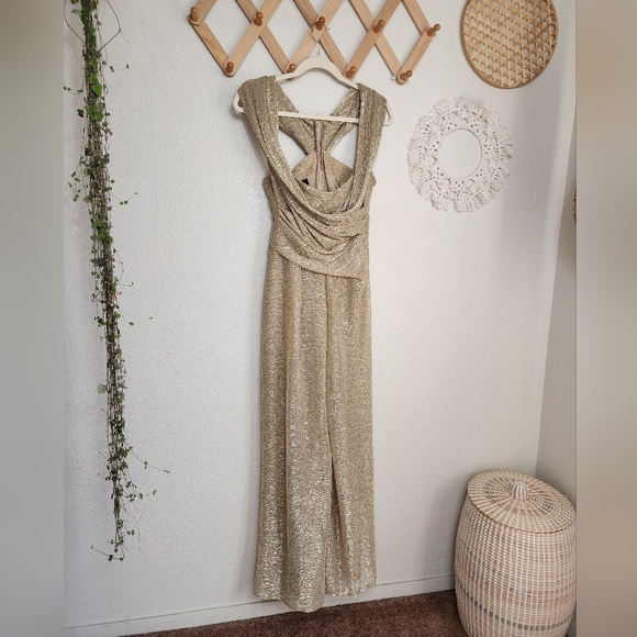 Talbot Runhof Off-The-Shoulder Gathered Metallic Voile Wide-Leg Jumpsuit… - Picture 2 of 16